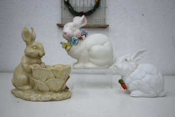 Group Of Three (3) Rabbits - One Plant Pot And 2 Porcelain
