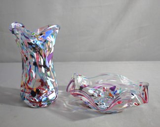 Pair Of Vibrant Multicolor Murano-Style Art Glass Pieces
