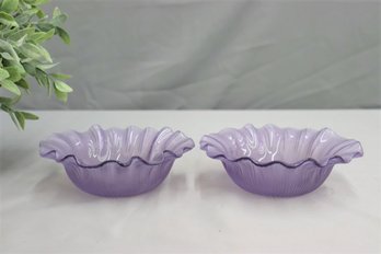 Two Lavender Ruffle Rim Small Glass Bowls, Frosted And Textured On Outer Side
