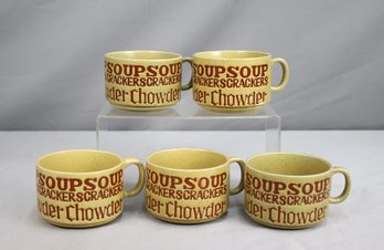 Set Of 5 Vintage Beige Ceramic 'Soup Crackers Chowder' Stackable Soup Bowls With Handle