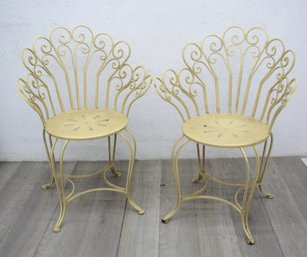 2 Vintage Wrought Iron Peacock Plume-Back Cream Yellow Garden Chairs