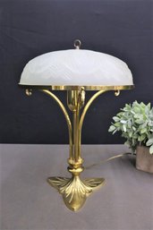 Art Nouveau Style Brass Leaf And Branch Rod Frame Lamp With Frosted White Mushroom Glass Shade