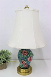 Rose Relief Applique On Blue/Green Vase Lamp On Brass-tone Base