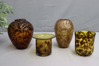 Group Lot Of 4 Spotted Leopard/Faux Tortoise Speckled Pattern Glass Vases