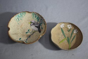 Set Of 2 Hand-Painted Ceramic Bowls - Bird And Flower Designs