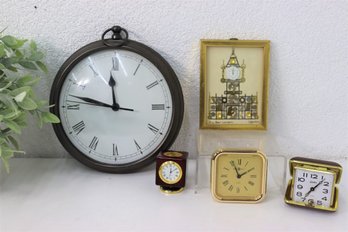 Group Lot Of Desk Clocks And An Horological Collage Of Big Ben, Signed L. Kersh