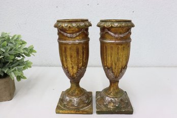 A Pair Of Decorative Golden Verdigris Urn Shaped Plant/Candle Stand