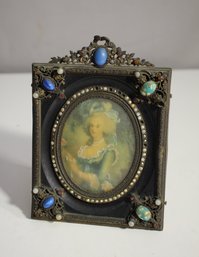 Antique Ornate Jeweled Frame With Miniature Portrait Of An 18th Century Lady