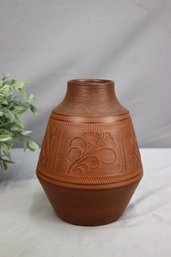 Vintage Intaglio Etched Redware Flower Vase, Signed Bottom