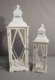 Two Rustic Painted Wood Farmhouse Tabletop Lanterns
