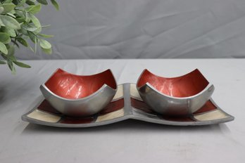 Three Piece Red Enamel And Textured Metal Serving Piece - 2 Bowls On Double Dip Tray
