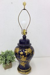 Vintage Cobalt Blue & Gold Urn Vase Lamp With Hand Painted Chrysanthemum Bloom Motif