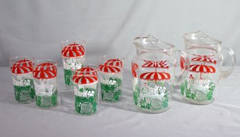 Group Lot Of Vintage Floral Garden Umbrella Cart Pitchers (2) And Glasses (5)