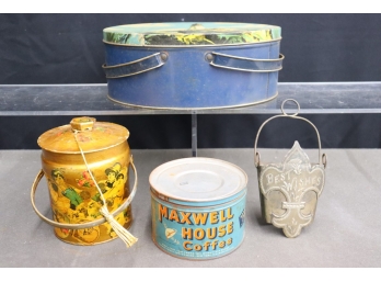 Vintage Painted & Decorated Metal Canisters And A Vintage Maxwell House Coffee Can