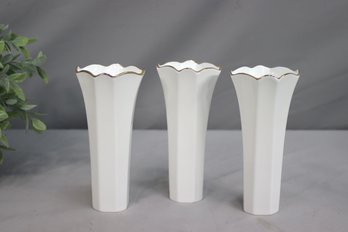 Group Of 3 Vintage Lenox Gold Scalloped Rim Flared Octagon Vases