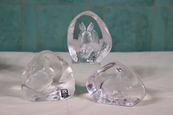 Trio Of Mats Jonasson Swedish Full Lead Crystal Rabbit Figurine Paperweights