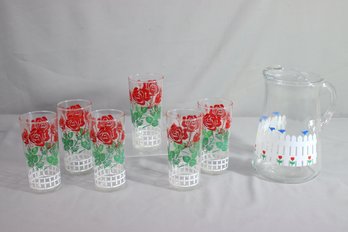 Group Lot Of 6 Red/Green/White Rose Bush Tumblers And Pitcher With Bird On Fence And Tulip