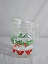 Vintage Ribbed Clear Glass Serving Pitcher With Strawberry Patch Pattern