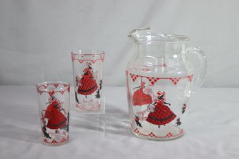 Vintage Pitcher And 2 Glasses With Ladies In Bonnets & Scottie Dogs