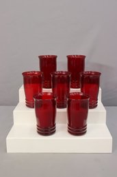 Group Of 7 Vintage Ruby Red Ribbed Juice Glasses