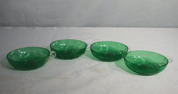 Set Of Four Vintage Green Glass Soup Bowls With Handles
