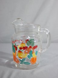 Vintage Many Colored Fruit Motif Ribbed Handle Glass Drinks Pitcher