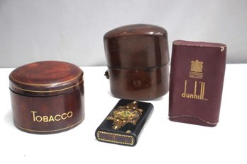 Group Lot Of Leather Tobacco And Cigar Box/jar