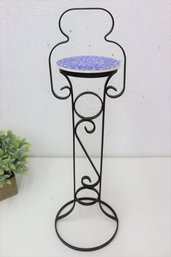 Wrought Iron Plant Stand With Blue & White Mosaic Round Tile