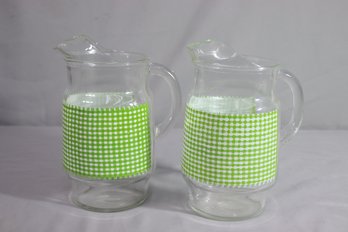 Lot Of 2 Vintage Libbey Green & White Gingham Plaid Pitchers