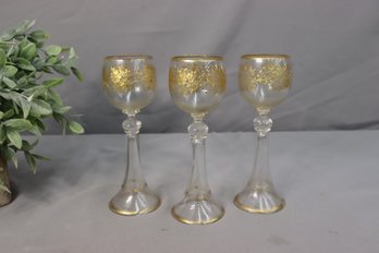 Group Lot Of 3 Bohemian Style Engraved And Gilt Trumpet Stem Wine Glasses
