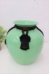 Decorative Celadon Ginger Jar Roped With Black Tassel Cord