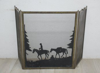 Vintage Iron Fire Screen With Cowboy And Horse Silhouette