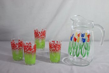 Vintage Mid-Century Luminarc Spring Tulip Pitcher & Red/Green Tulips Juice Glasses