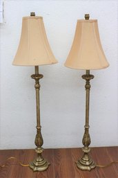 Two Neoclassical Style Tall Table Lamps With Linen Bell Shades