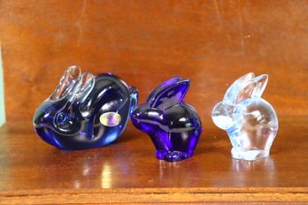 Trio Of Oneida Crystal Rabbits - 1 Large Blue, 1 Small Blue, And 1 Small Clear