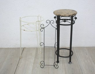 Bent Iron And Wrought Iron: Two Pedestal Plant Stands And 2 Plate Wall Holder