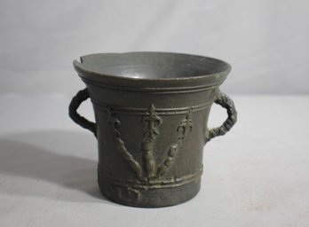 Chipped Antique Bronze Pot With Twisted Iron Handles