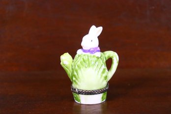 Miniature Majolica Bunny In Lettuce Teapot With Brass Hinged Bottom