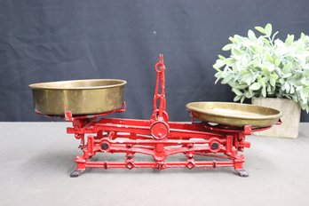 Vintage Red Painted Cast Iron Balance Scale With Brass Trays