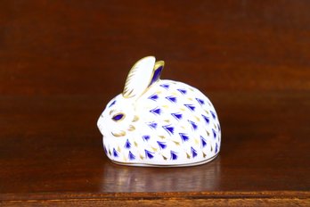 Royal Crown Derby English Bone China Blue And Gold Rabbit Paperweight