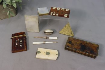 Group Lot Of Antique Wood Inlay, Mother Of Pearl, Brass Desk And Valet Accessories
