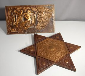 Pair Of Vintage Copper Relief Panel & 6 Point Star