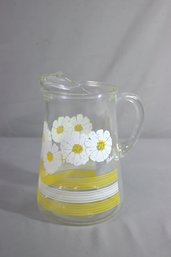 Vintage MCM Bartlett Collins Pokee Glass Pitcher With Daisies And  White/yellow Banding