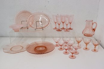 Lovely Group Lot Of Rose Pink Pressed And Depression Glass Serve And Tableware