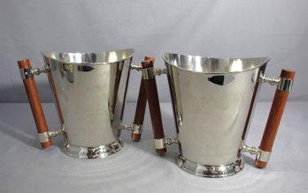 Pair Of Engraved Silverplated  Ice Buckets/Wine Chillers With Wooden Handles