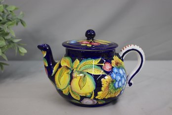 Vintage Italian Tesori De Siena Cobalt Blue And Yellow Majolica Teapot