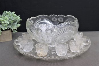 Very Large And Fancy Cut Glass Punch Bowl With 12 Matching Small Punch Cups