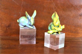 Two Zsolnay Hand-Painted Iridescent Hopping Bunnies In Action