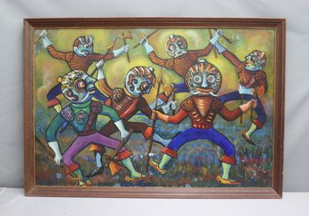 Framed Vintage Original Oil On Canvas Tribal Folk Art - Signed And Dated By Artist