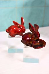 Zsolnay Hand-Painted Porcelain Eosin Red Rabbits In Action